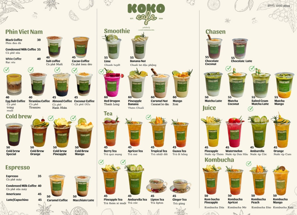 Bảng Menu Koko Cafe An Thượng